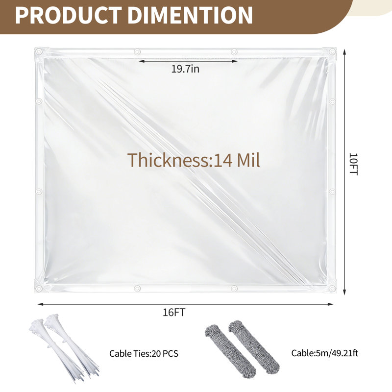 Bâche transparente robuste - PVC imperméable de 14 mils - Résistant aux déchirures, œillets, cordes et attaches de câble - Enceinte résistante au vent et à l'épreuve du vent pour serre, poulailler, patio, 8 pi x 12 pi-14 mil
