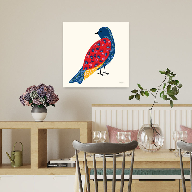 Art contemporain avec oiseau en fleurs, H 18 po x l 18 po