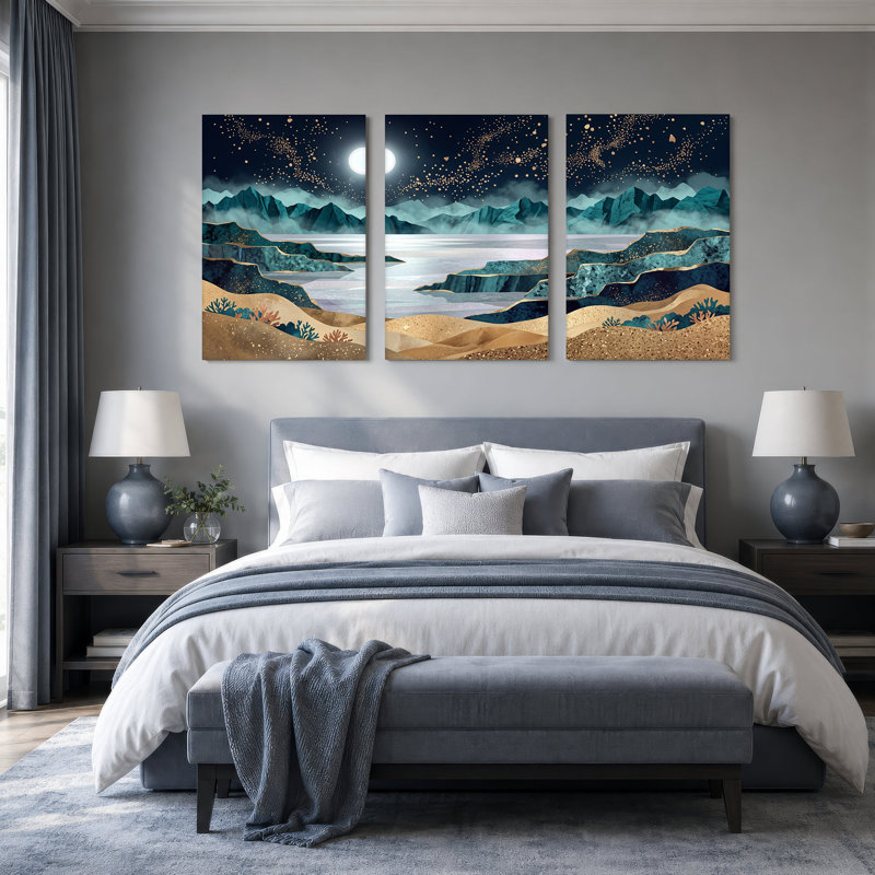 Ensemble de 3 toiles bleu sarcelle et lac au clair de lune avec décorations dorées, H 18 po x l 12 po x 3 pièces