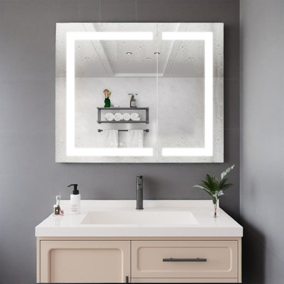 36x30 Inch Medicine Cabinet With Led Vanity Mirror, Anti-fog, Recessed Or Surface Mount, Double Door Large Storage, 3000k~6000k Bright Lighted Aluminum Cabinet With Touch Switch