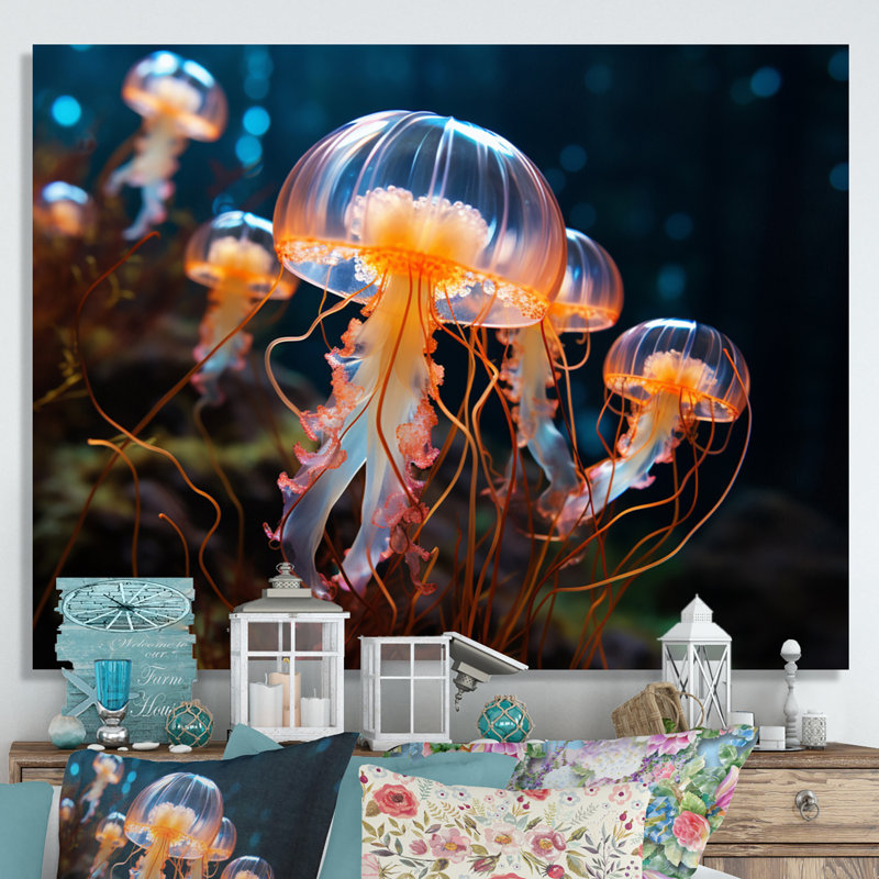 Méduse Oceans Glow II - imprimé, H 12 po x l 20 po x P 1 po, Toile tendue