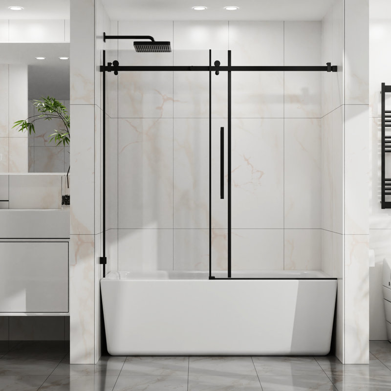 60" W X 58" H Modern Tub Sliding Shower Door, 6Mm Tempered Glass With Easy - Clean Coating, Rollers, Corrosion Materials, Matte Black Bathtub 1/4" (6Mm) Thick Clear Glass, Stainless Steel Smooth