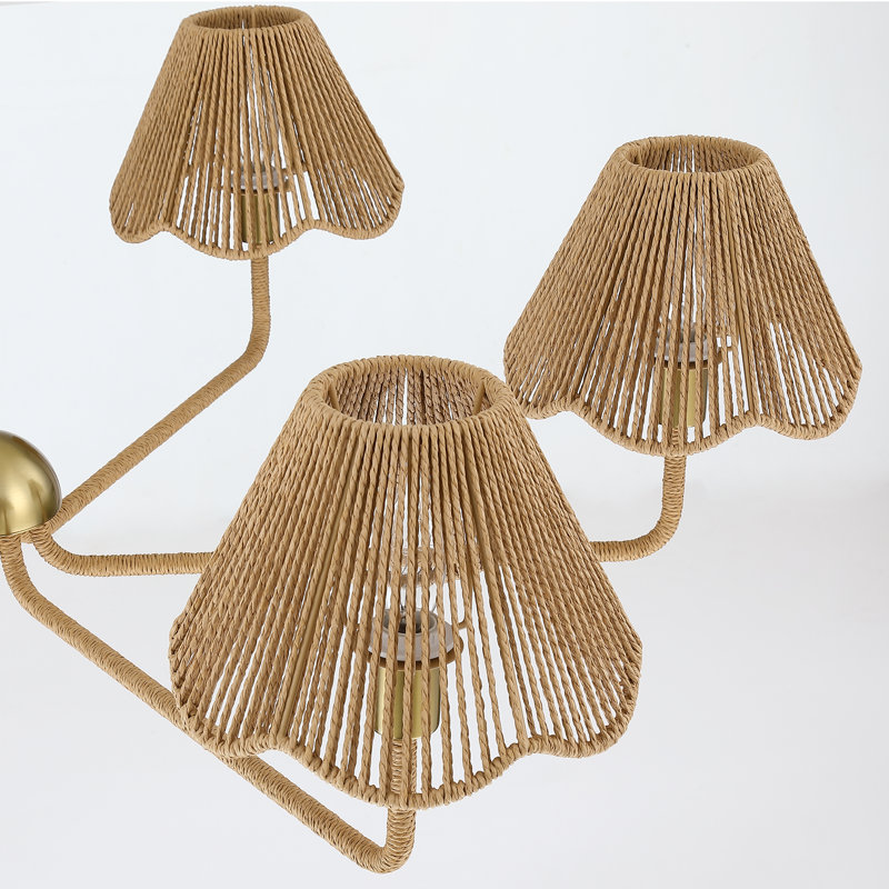 6-Light 38.98" W Boho Style Chandelier With Hand-Woven Rattan Shade For Kitchen Island, Dining Room, Entryway, Suitable For Sloped Roof Mounting