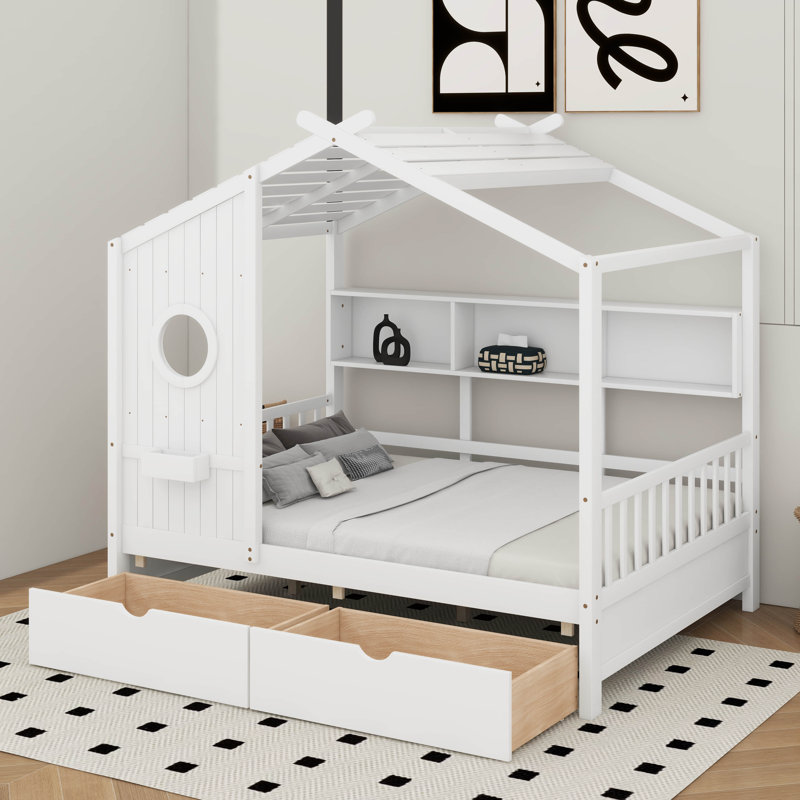 Lit en bois avec tablette de rangement et tiroirs, Lit double, Blanc