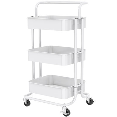 3-Tier Metal Rolling Utility Cart with Handle and Lockable Wheels, Anti-tipping Storage Organizer