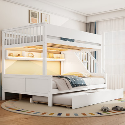 Full XL over Queen Bunk Bed with Stairs, Storage Shelves, Twin Trundle and LED Light, Solid Wood Bunk Bed Frame,White