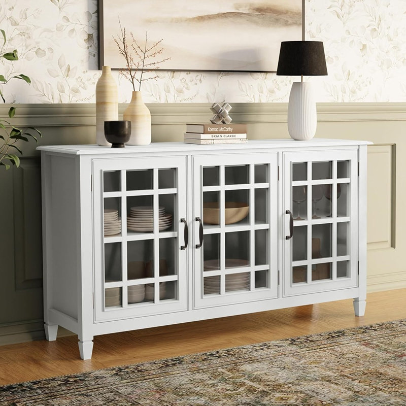 Buffet en bois massif Connaught - Buffet traditionnel avec portes en verre, tablettes réglables et pieds crantés pour la salle à manger, l'entrée ou le salon, blanc
