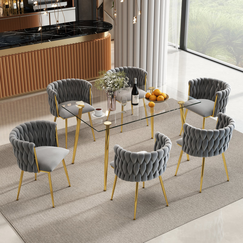 Ensemble de salle à manger rectangulaire moderne avec chaise rembourrée, 7 pièces : table, 6 chaises, Gris/doré, Doré