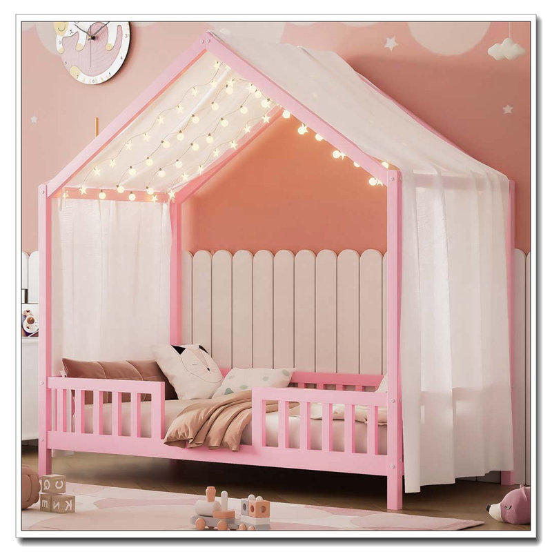 Lit de plancher en bois avec auvent en forme de maison, Rose, Lit simple