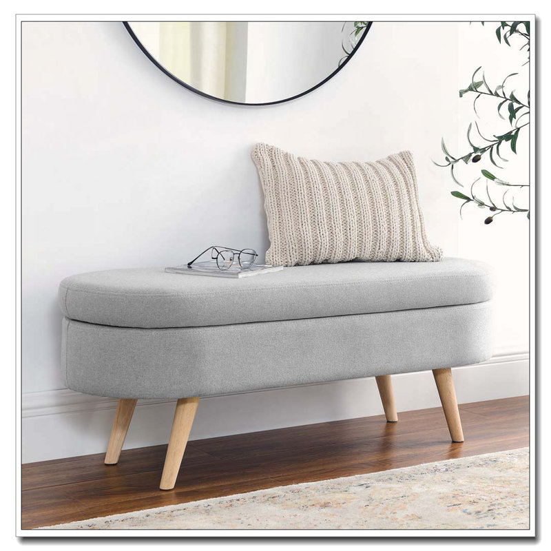 Ottoman Oval Storage Bench,Rubber Wood Legs, Gray