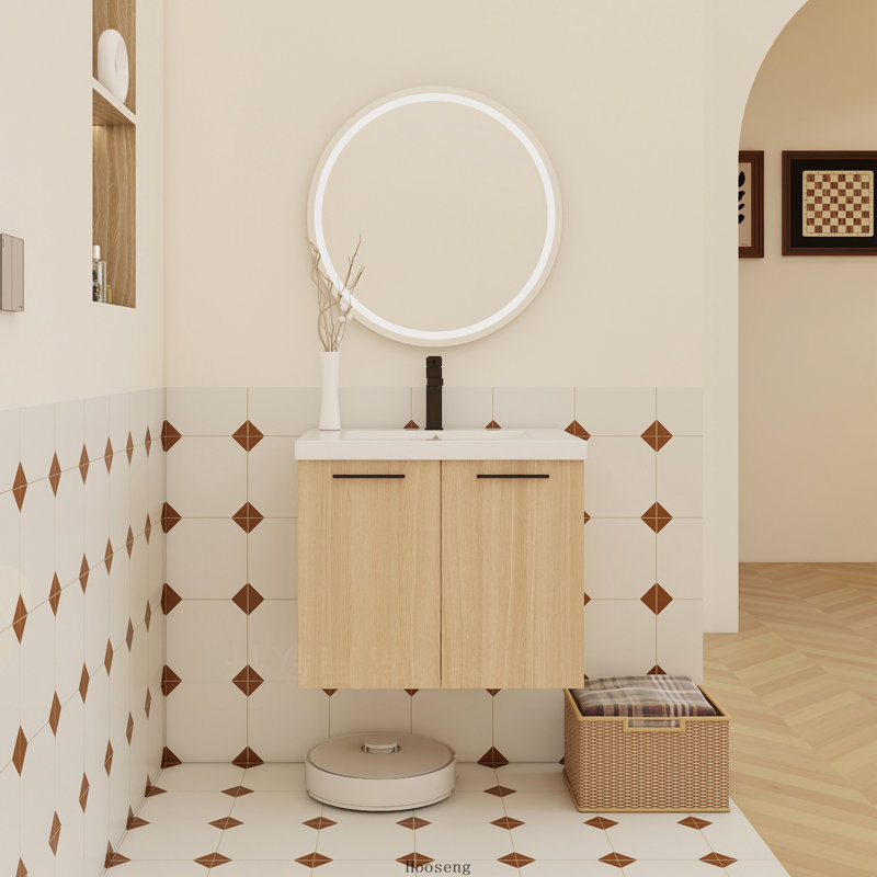 Meuble-lavabo flottant 24 po en chêne clair avec lavabo en résine, rangement mural à double porte