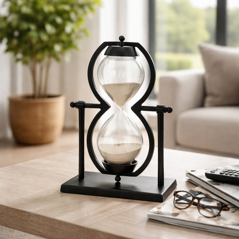 Decorative Metal and Glass Sandtimer Object for Home Decor - Contemporary Sculpture Accent for Office, Table or Living Room Decoration - Black