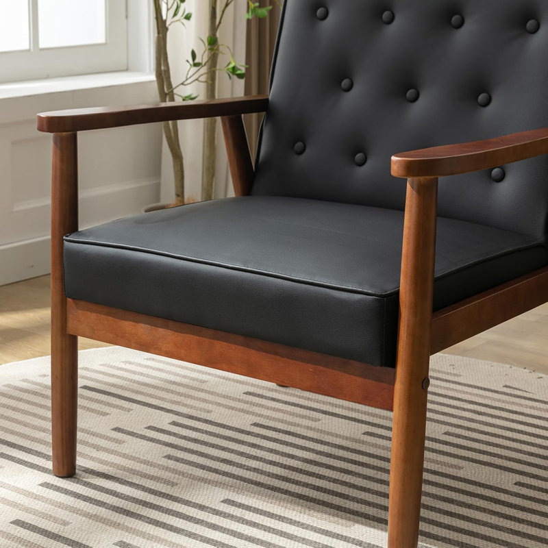 Fauteuil Mid-Century de 68 po de largeur, Similicuir noir