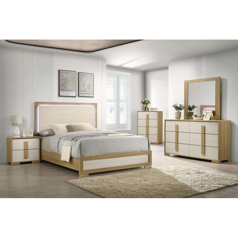 Ensemble de chambre à coucher grand lit 5 pièces en chêne clair et ivoire avec tête de lit à DEL, commode, miroir, commode et table de chevet