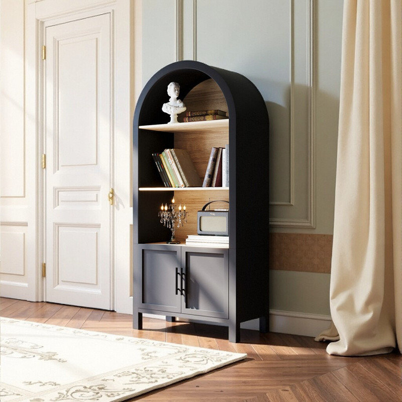 Bibliothèque à 3 niveaux avec armoire inférieure, cadre noir et tablettes en bois