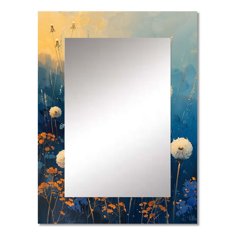 White blue summer Garden Party Dandelion - Dandelion Wall Mirror, Traditional Decorative Mirror, Printed Metal Art, 32" x 24"