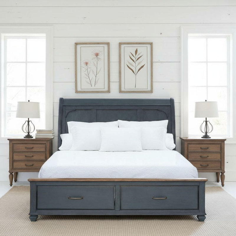 Wauneta Sleigh Bed With Storage Footboard, Corduroy Blue Finish, Queen