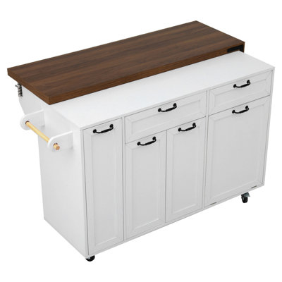102.3" Kitchen Island with Extendable Dining Table, Kitchen Rolling Island Cart with Trash Storage Cabinet, 3-Tier Pull-Out Spice Rack