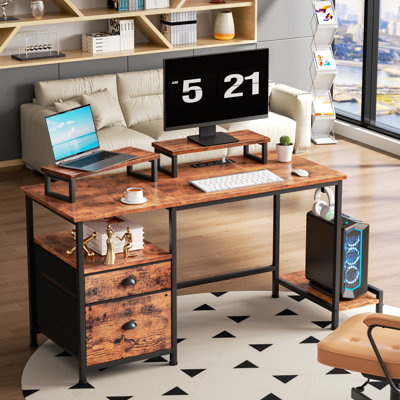 Bureau d'ordinateur 47 po avec 2 supports pour écran, table de travail pour bureau, brun rustique