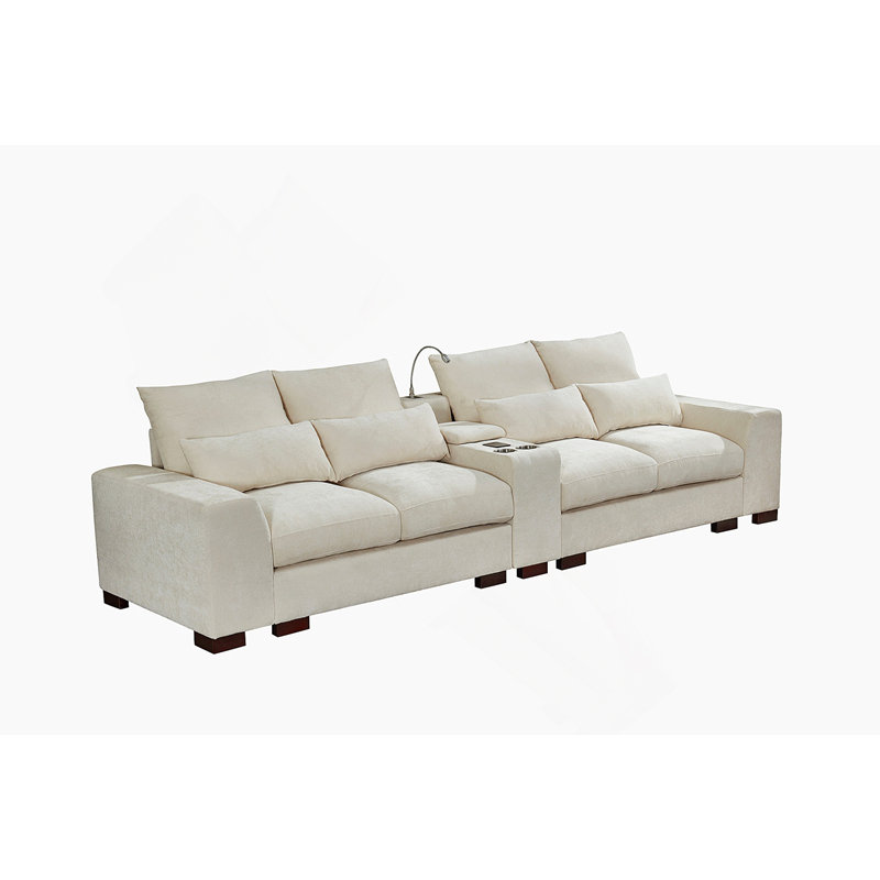Canapé modulaire moderne avec console, port de charge USB, lampe de lecture, porte-gobelet, Tissu beige