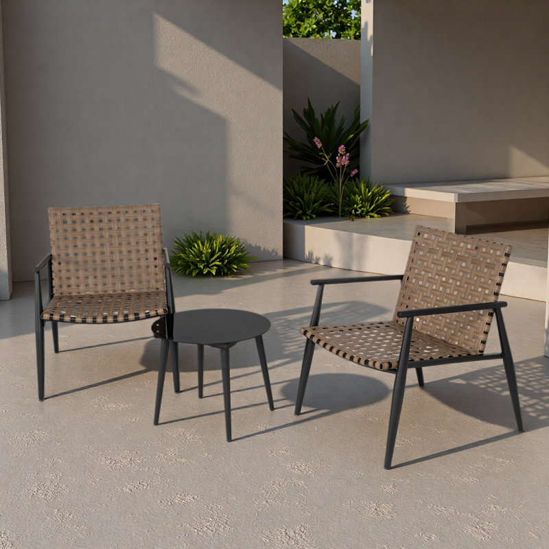 Ensemble de conversation d'extérieur moderne: 2 chaises en rotin PE + table d'appoint en acier et en verre trempé - Durable et élégant