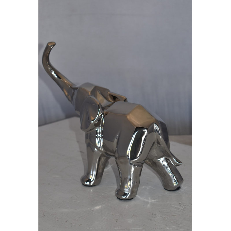 Silver Ceramic Elephant Statue with High-Polish Finish