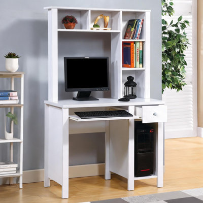 39 W white finish compact writing desk with hutch, particle board and MDF, rectangular, keyboard drawer