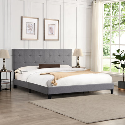 Upholstered King Size Bed, Grey Button Headboard, No Box Spring Required, Wood Slat Support, Easy Assembly Trustworthy Build