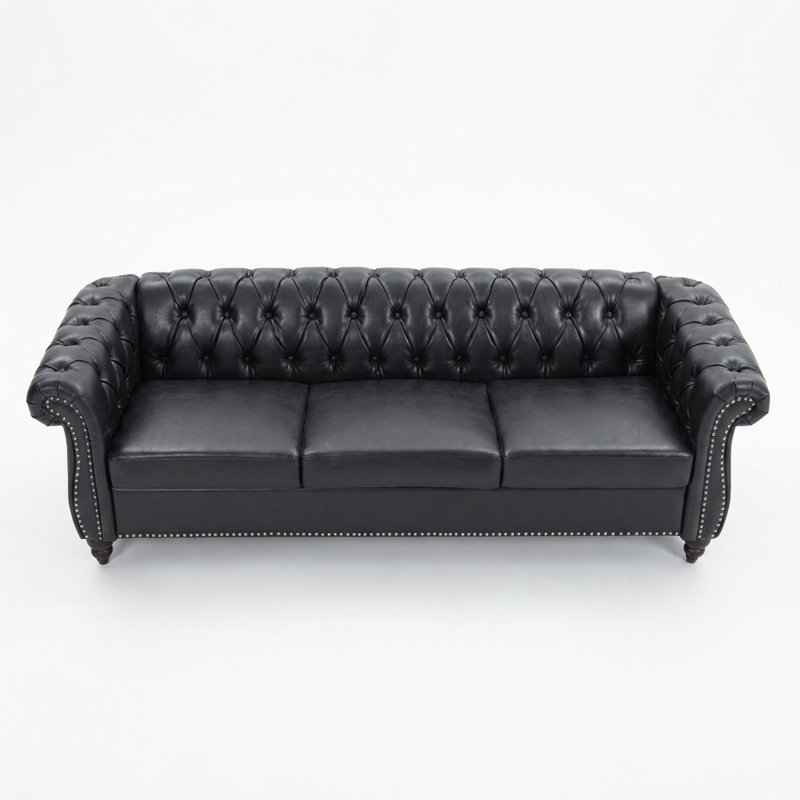Canapé Chesterfield en polyuréthane à accoudoirs roulés., 84" W, Noir