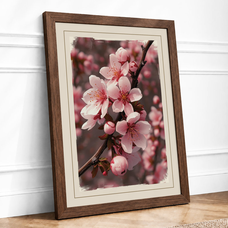 Soft Cherry Blossom Botanical - Framed Print, A3 - 42.0 x 29.7 cm, Walnut