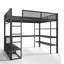Grand lit mezzanine en métal avec tringle à vêtements et bureau avec tablettes de rangement, noir