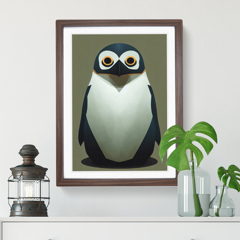 Tiny Penguin - Single Picture Frame Painting, 64cm H x 46cm W x 2cm D, Brown Framed