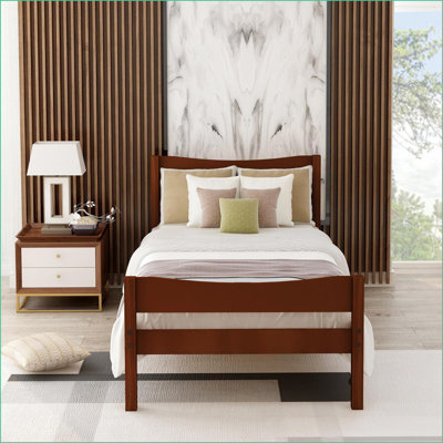 Lit plateforme simple en bois de pin massif avec tête de lit - Aucun sommier requis, noyer