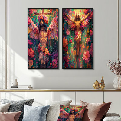 Rose, rose, Jésus, Saint, Ange chrétien, portrait religieux I - Ensemble de 2 reproductions d'art mural
