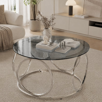 Table basse 31,5 "moderne avec plateau rond en verre avec structure circulaire en métal, table d'appoint contemporaine pour le salon, le bureau et le salon