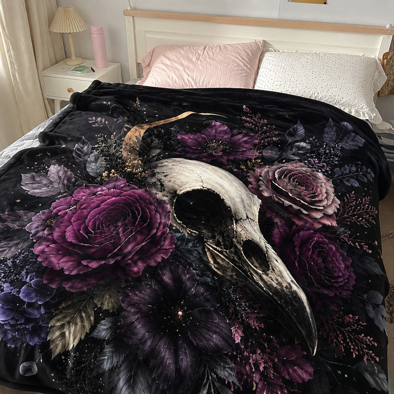 Couverture gothique Raven Skull Floral, Simple (l 60 po x L 80 po)