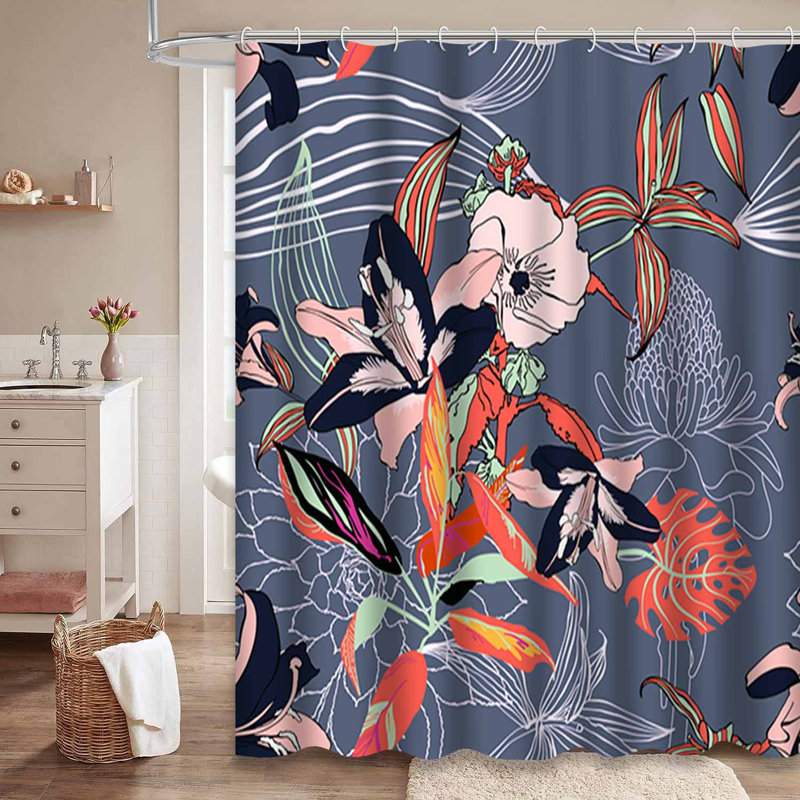 Rideau de douche imperméable à motif floral hibiscus tropical avec 12 crochets, L 72 po x l 84 po