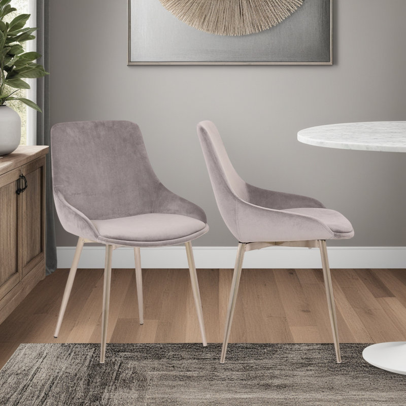 Baring Dining Accent Chair in Velvet Upholstery and Metal Legs, Grey, Chrome