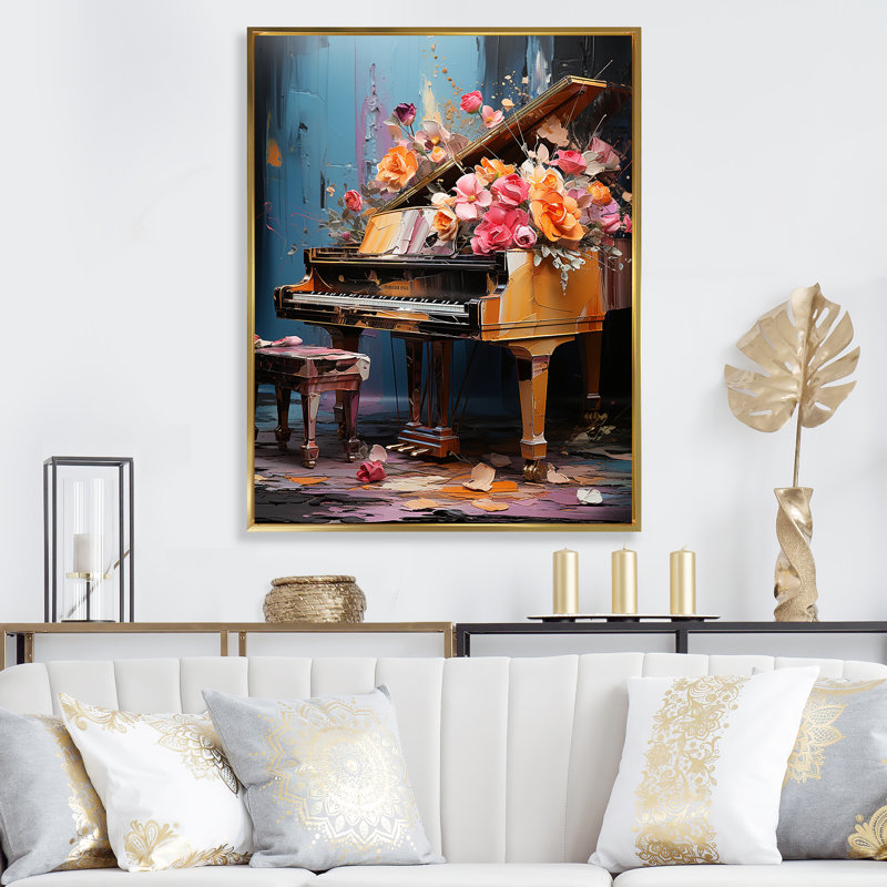 Floral Floral Magic Melody II - Piano, art mural, Cadre flottant doré, H 40 po x l 30 po x P 1,5 po