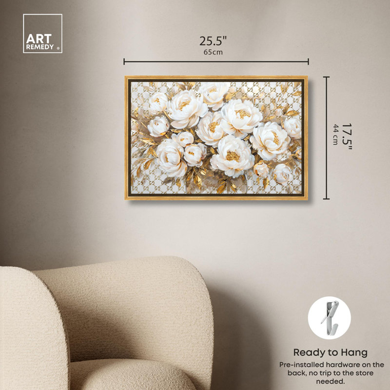Art floral sur toile avec arrangement royal doré, Cadre doré, H 17 po x l 25 po