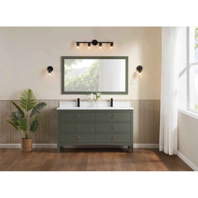 60" Solid Wood Sink Vanity With 1" Artificial Stone Top, Pewter Green, Rose Gold