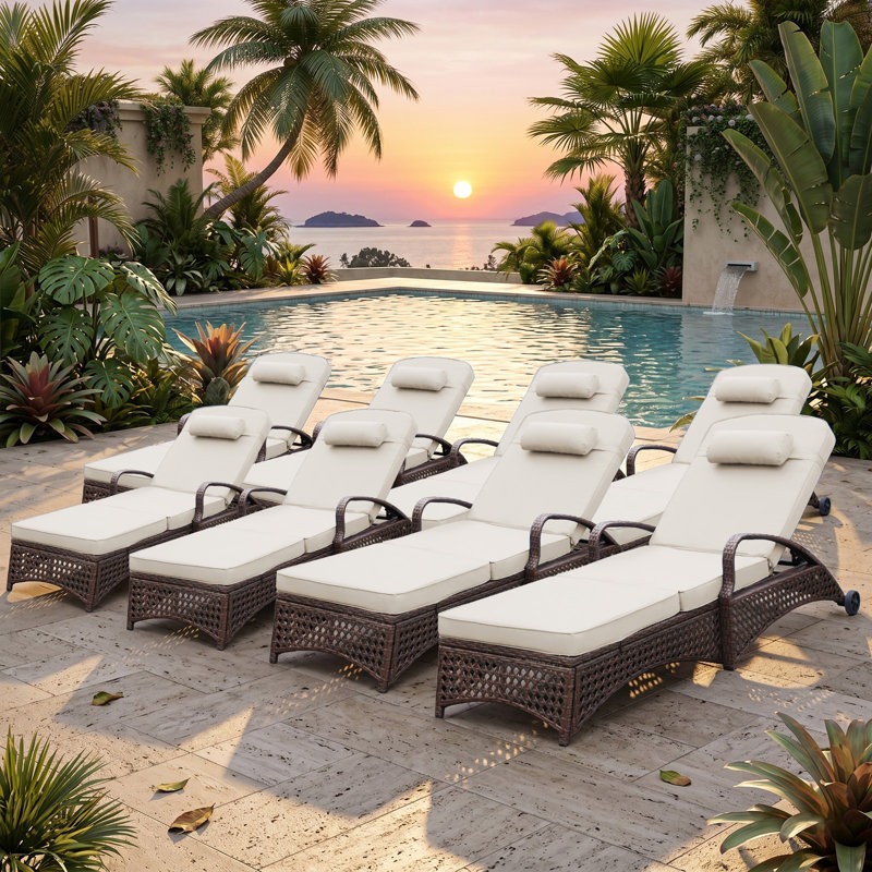 Set of 8 Outdoor Wicker Chaise Lounge Chairs with 6 Adjustable Reclining Position,Wheels,Thickened Cushion & Pillow, Beige