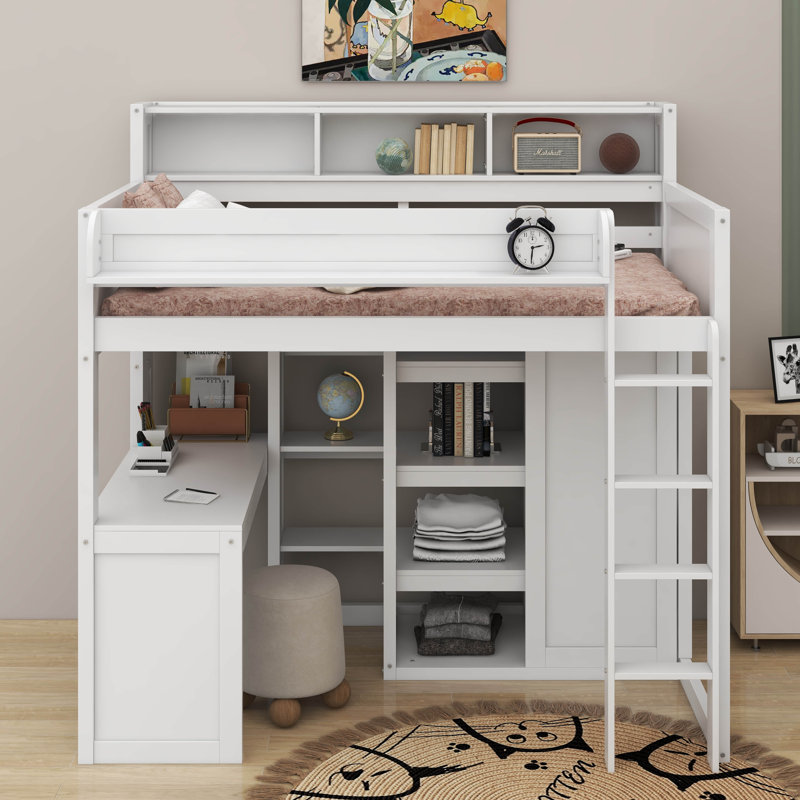 Lit mezzanine simple avec tablettes et garde-robe, Blanc
