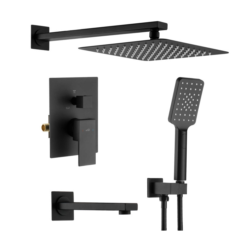 Système de douche cubique à pression équilibrée à 3 fonctions avec valve brute, Noir mat