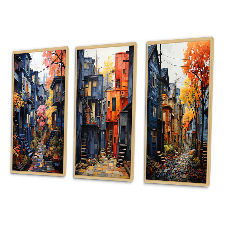 «Cityscape Alleyway Patchwork», 3 pièces, Encadré naturel, H 40 po x l 60 po