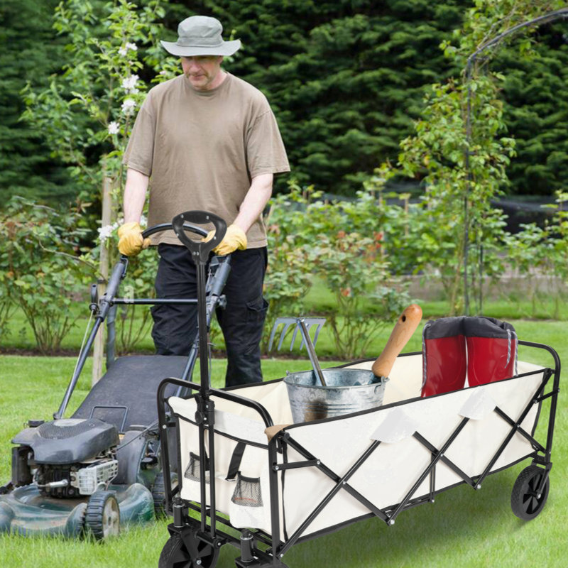 Large White Folding Utility Wagon with Anti-Slip Wheels and Adjustable Handle