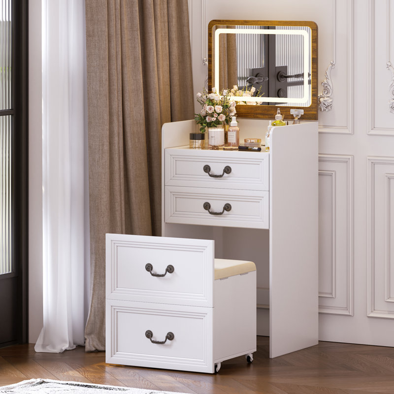 3-in-1 Compact Vanity Desk With Flip-top 3-color Led Mirror And Charging Station, White