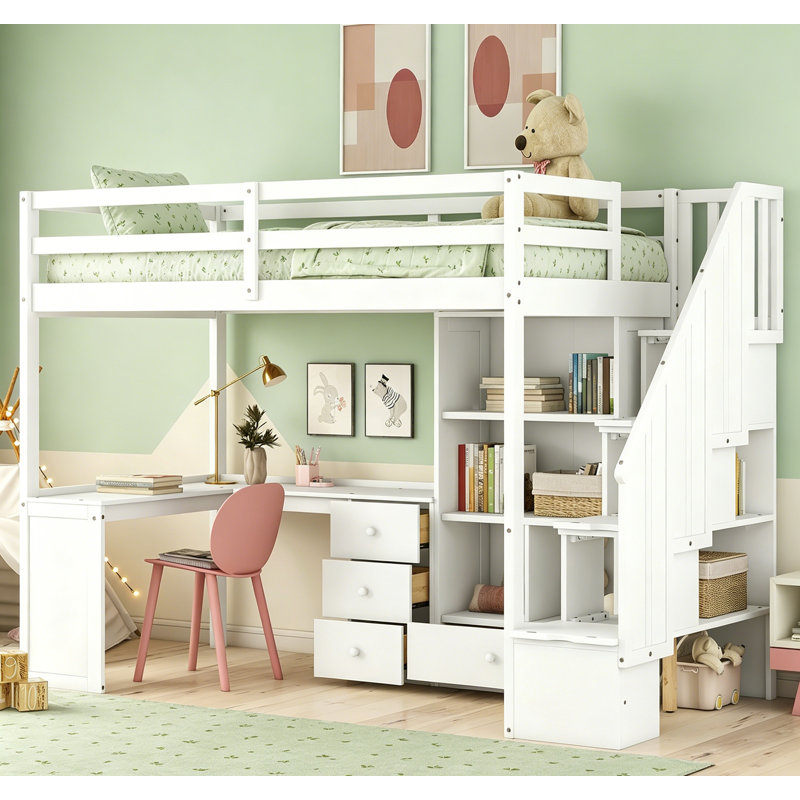 Lit mezzanine simple avec bureau en L, tiroirs, armoire et escalier de rangement, maximisant l'espace et le rangement, White