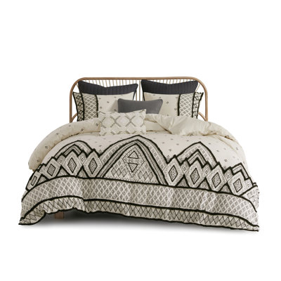 Flax Cotton Linen Duvet Cover In Look With Corner Ties Full/Queen Size Printed Accent