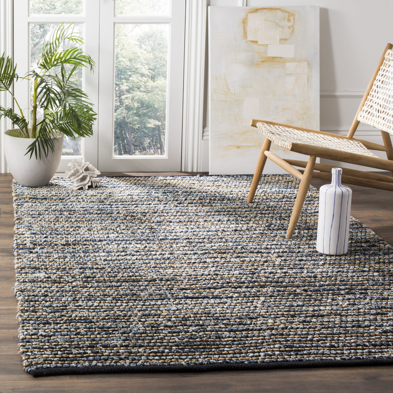 Tapis bleu en coton / jute tissé à la main à rayures Doleman, Rectangle 4 pi x 6 pi